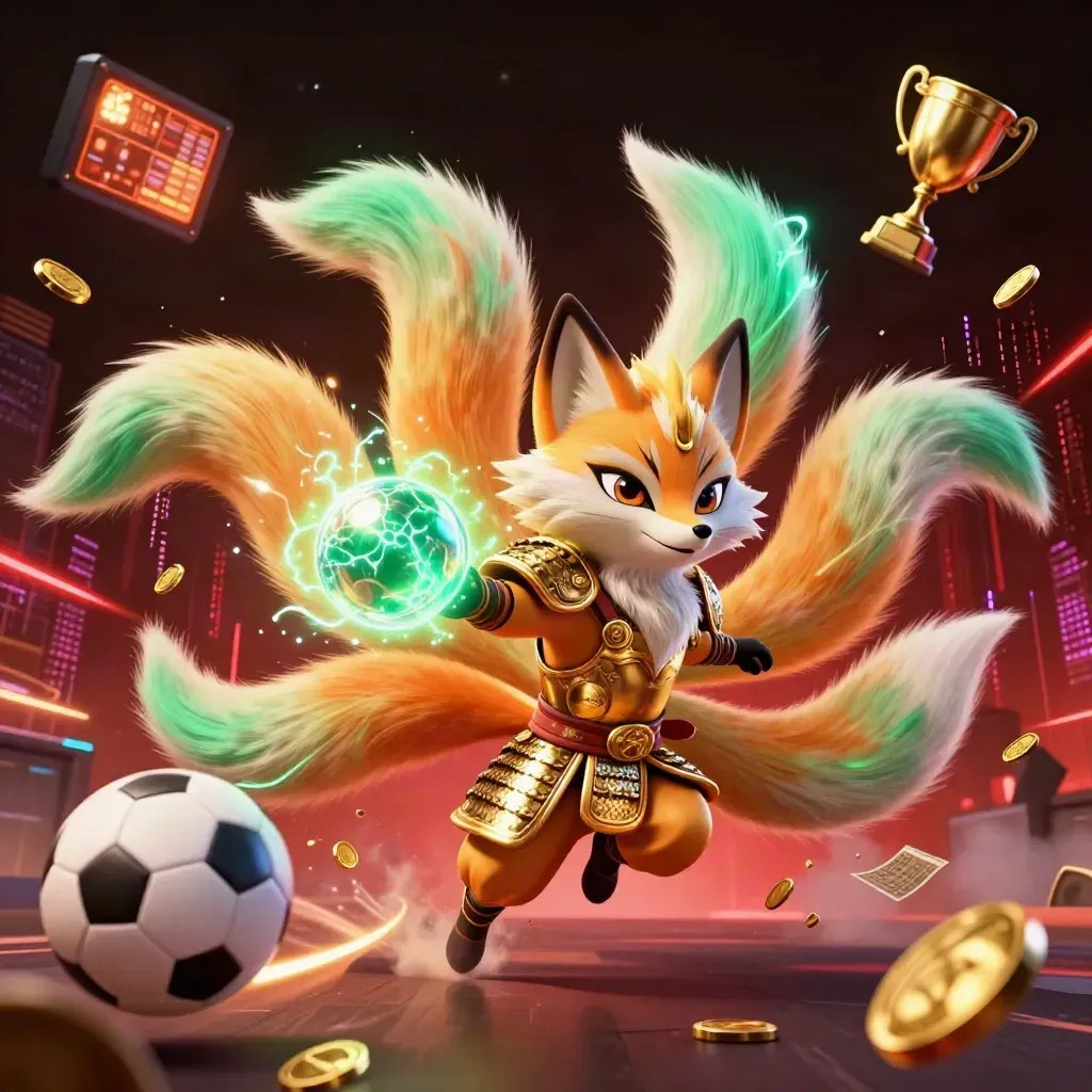Neon fox spirit and samurai mouse amid flying sports balls, coins, trophy, and floodlights.