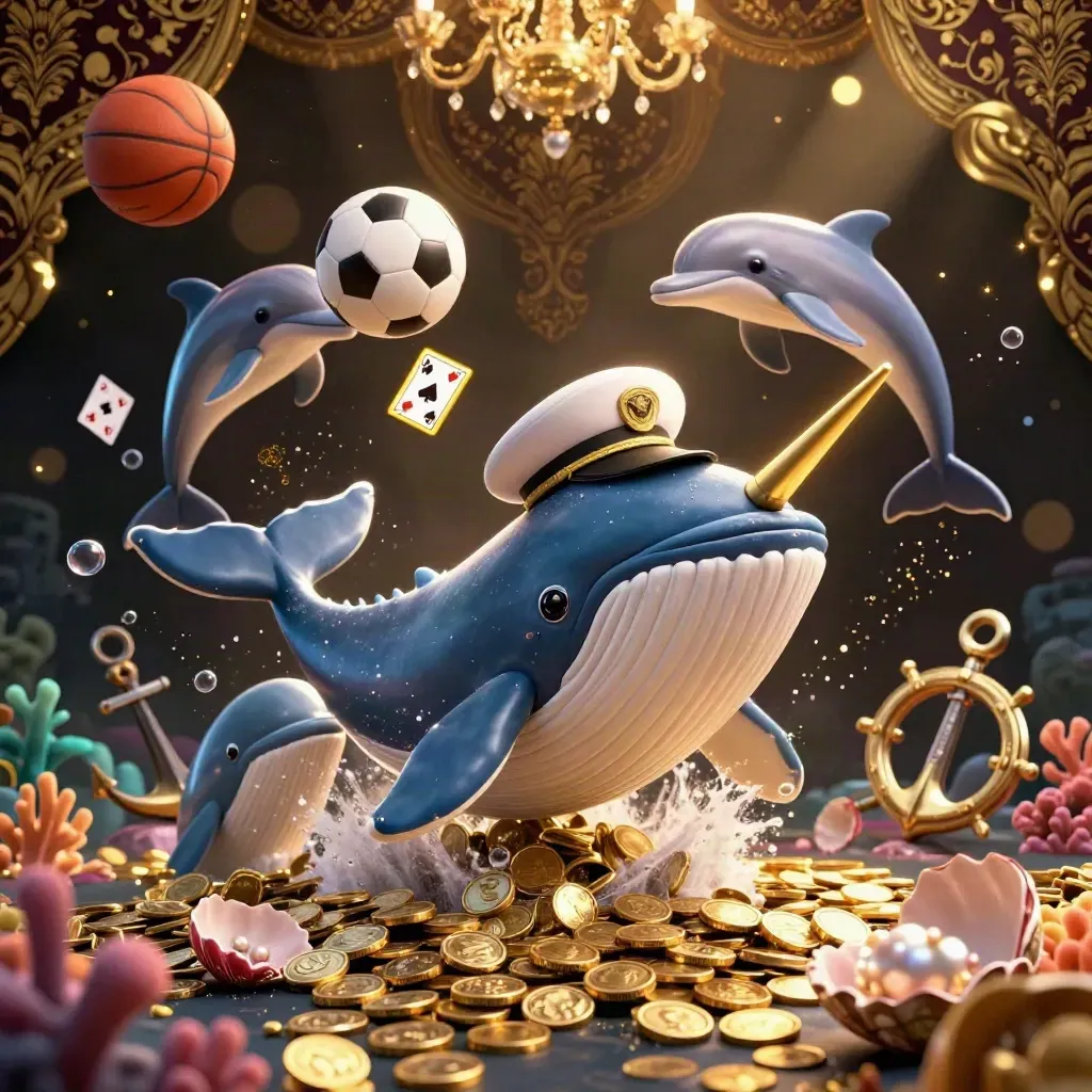Whale captain, narwhal and dolphins burst through coins with balls, cards and treasure