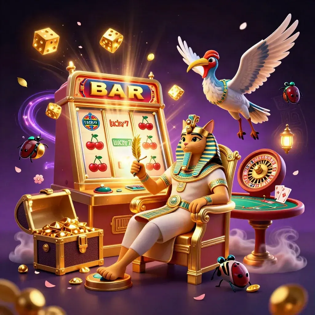 Pharaoh cat, ibis scribe, and gem-wing scarabs amid casino magic and gold