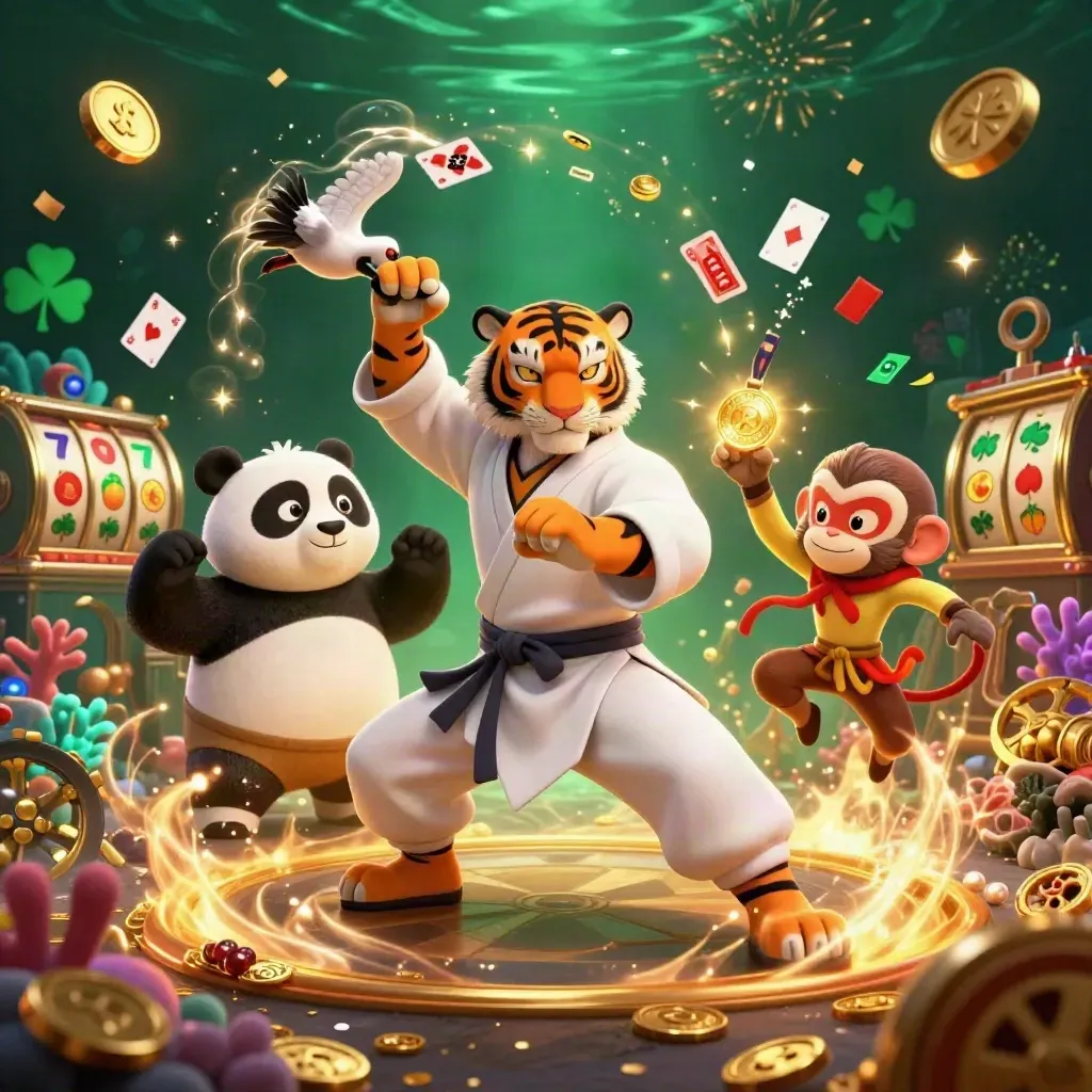 Tiger, panda, and monkey in an emerald treasure cove with gold coins, coral, and glowing magic.