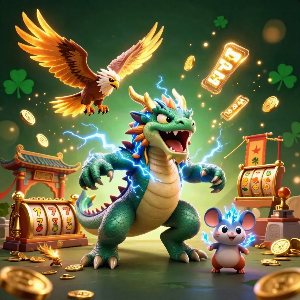 Thunder dragon, wind hawk, and static mouse burst through gold coins, temple gate, and lightning.