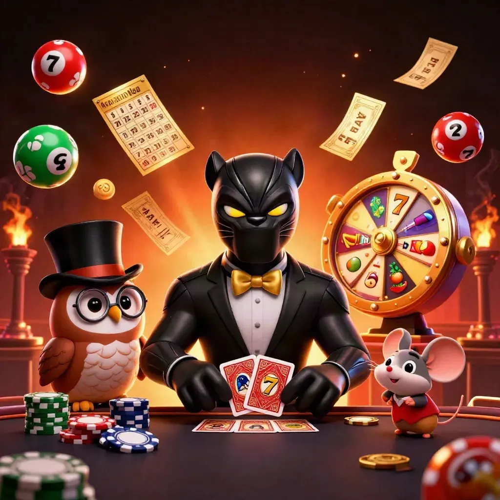 Panther, owl, and mouse in a luxurious casino burst with chips, reels, and glowing embers