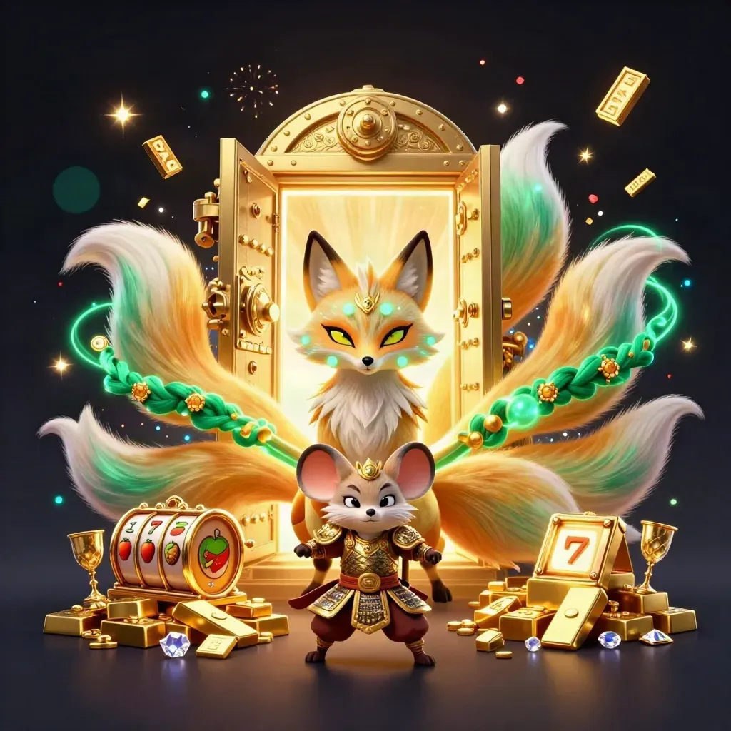 Fox spirit and samurai mouse amid treasure vault, gold, reels, and emerald magic