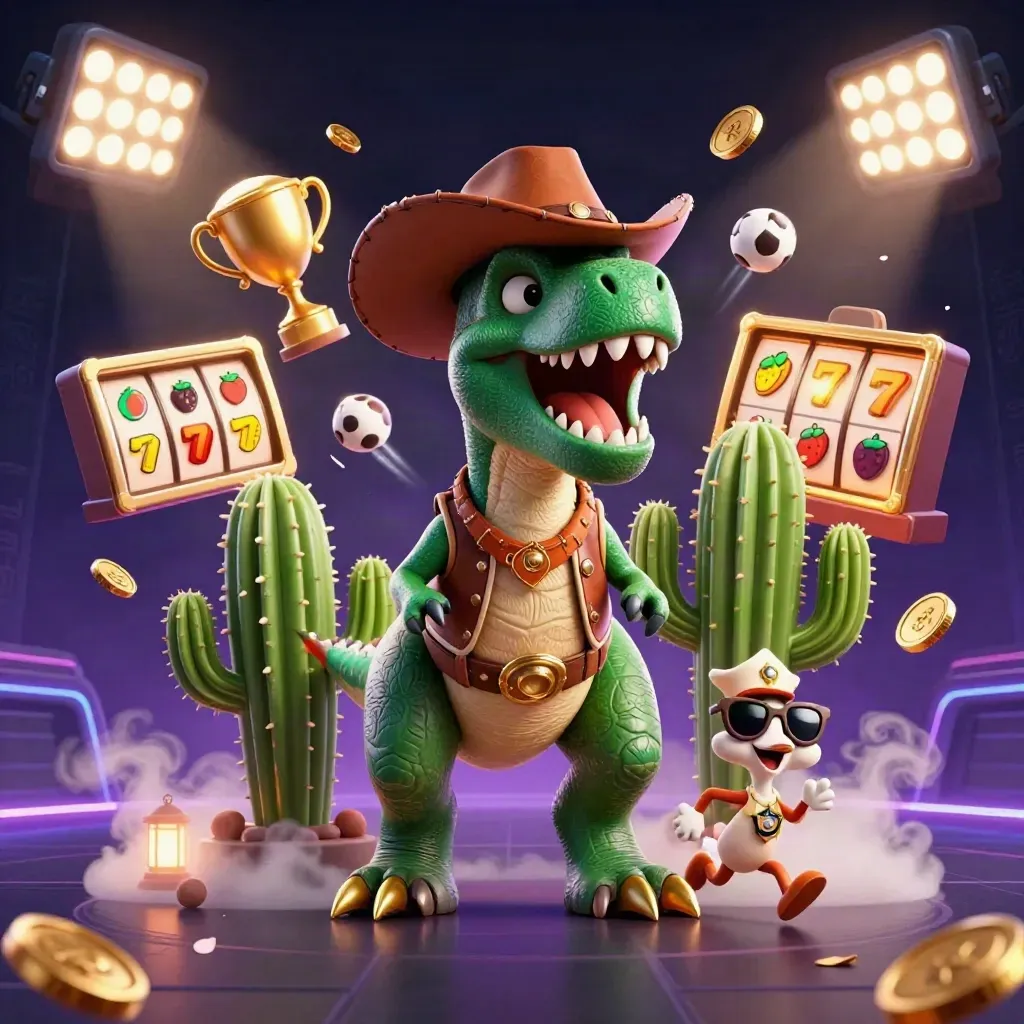 Cowboy T-Rex, cactus sidekick and roadrunner amid casino reels, coins and neon lights.