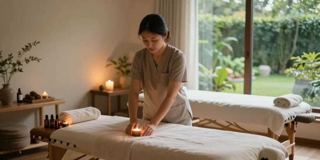 강남출장안마 therapist preparing a soothing massage environment with fresh towels and essential oils.